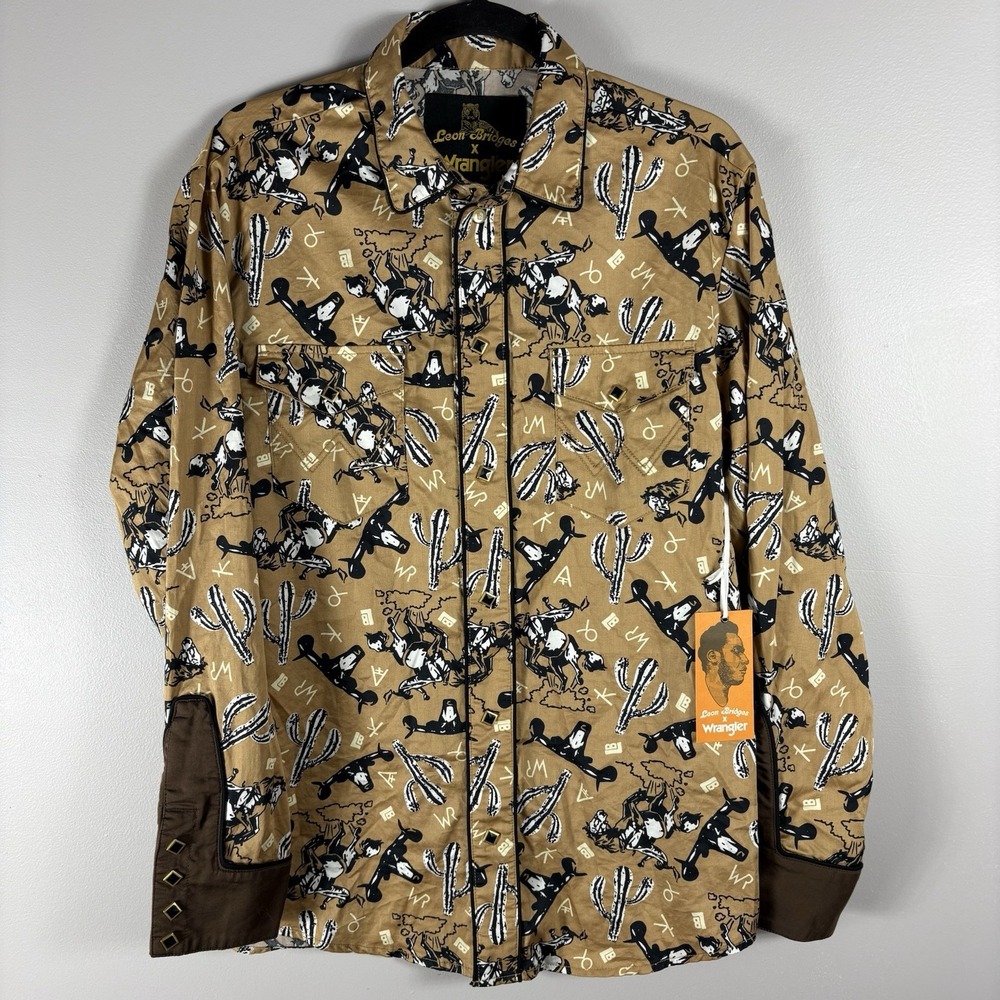 Wrangler X Leon Bridges Men's Medium Button Up Brown AOP Bull Western Shirt NWT